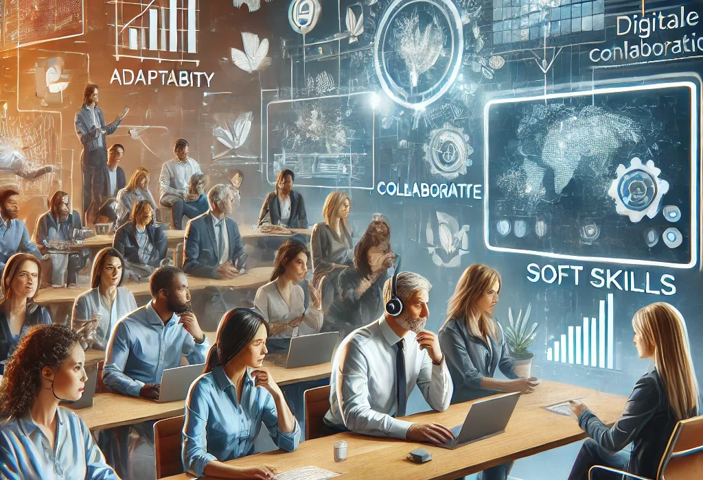 Une équipe diversifiée utilisant des outils numériques pour collaborer, s'adapter et communiquer dans un environnement professionnel moderne du futur.