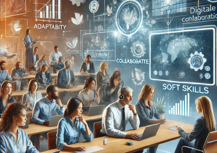 Une équipe diversifiée utilisant des outils numériques pour collaborer, s'adapter et communiquer dans un environnement professionnel moderne du futur.