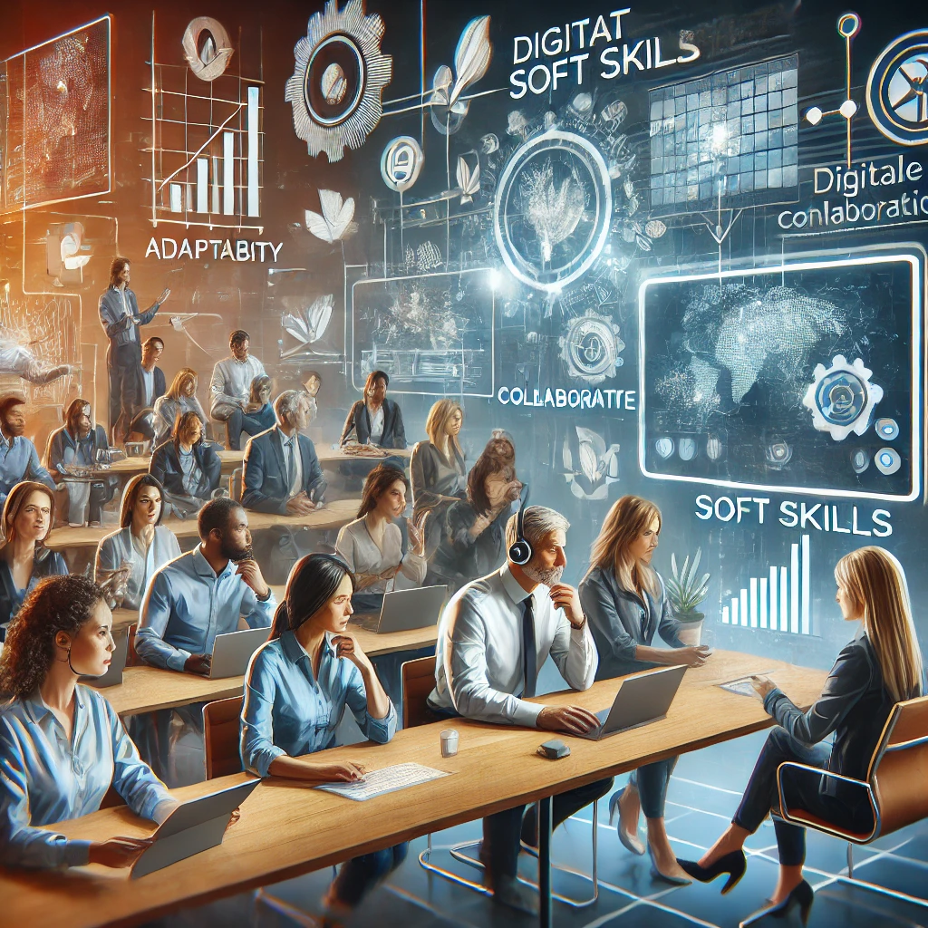 Une équipe diversifiée utilisant des outils numériques pour collaborer, s'adapter et communiquer dans un environnement professionnel moderne du futur.